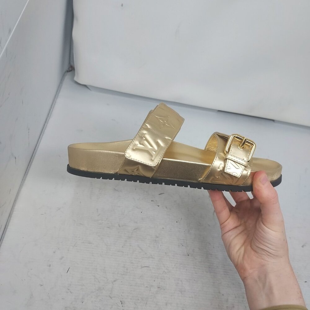 Louis Vuitton Gold Buckle Bom Dia Monogram Flat Slide Sandal - Picture 7 of 14